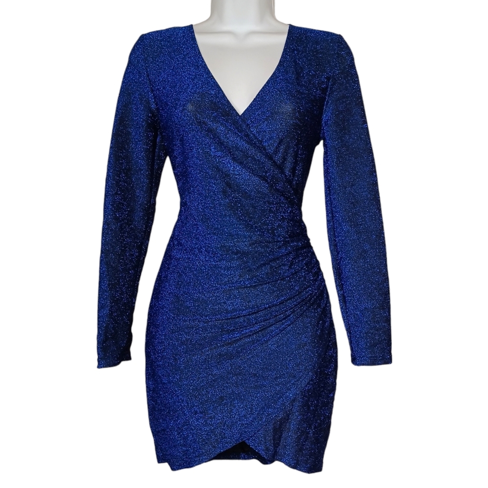 CHIC ME Royal Blue Metallic Shimmer Stretchy Long Sleeve Mini Bodycon Dress S